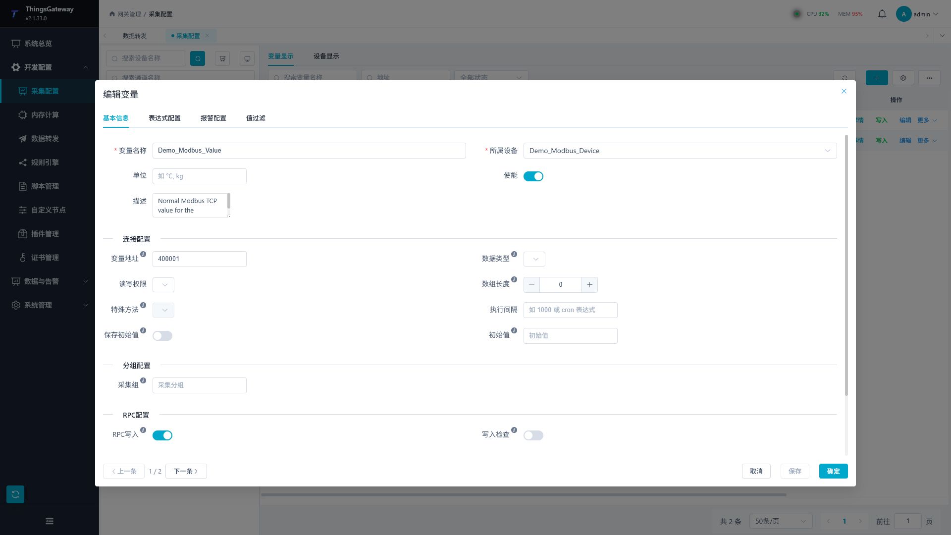 Configure standard Modbus variables